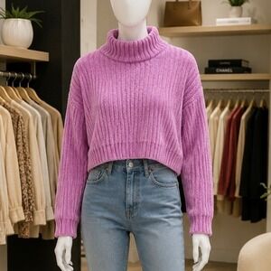 H&M Divided Women Sweater Pink Chenille Ribbed Mock Neck Cropped XL